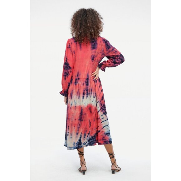 NWT Lacausa tie dyed red pink blue boho midi tiered Firecracker Roma dress - Picture 4 of 8